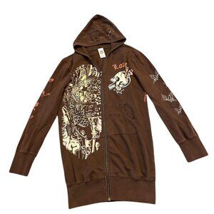 Brown & orange Ed Hardy zip-up hoodie. Check the measurements its labeled medium